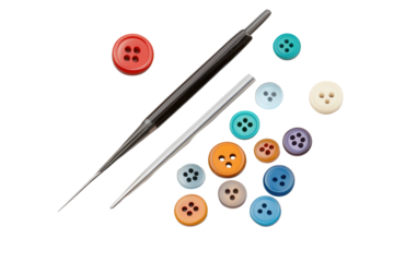Close-up of sewing needles and colorful buttons arranged for crafting and tailoring purposes in a well-lit workspace for creative projects