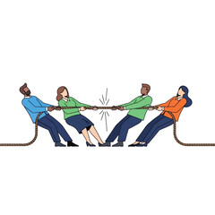 Four people in a tug-of-war competition, two on each side, pulling a rope with great effort.