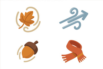 Obraz premium Windy Autumn Isometric Icon Set, Flat Design of Swirling Leaf, Gust Arrow, Falling Acorn, Flying Scarf, Seasonal Fall Weather Vector Illustrations