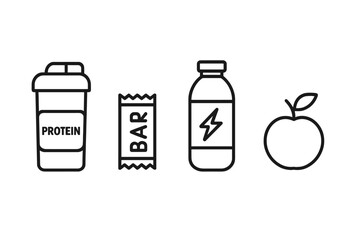 Sports nutrition outline icon set. Vector symbols of protein shake, energy bar, hydration drink, apple. Healthy lifestyle, diet, fitness, gym, workout supplement concept.