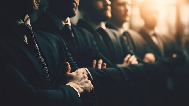 A group of men in suits stands in a line, their arms crossed, creating a powerful and authoritative presence against a softly lit background.