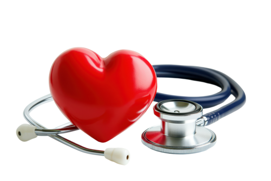Stethoscope and red heart symbolizing healthcare and medical examination isolated on white background with high definition clarity - Powered by Adobe