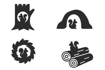 Squirrel habitat vector icon set. Solid glyph collection of animal shelters. Includes tree hole, ground burrow, leaf nest, log pile. Wildlife, nature, forest animal home concept.