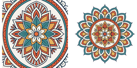 A grid of twelve intricate, symmetrical mandalas. Each mandala is a detailed circular design featuring repeating patterns of flowers, leaves, and geometric shapes. Colors include variations of orange,