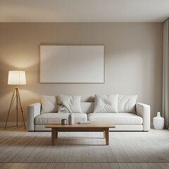 Minimalist Living Room Interior with White Sofa and Blank Frame Mockup Modern Home Decor and Scandinavian Design