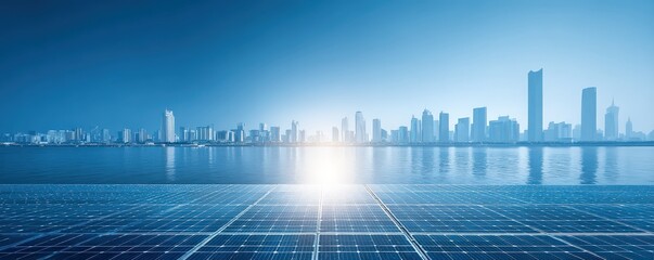A serene skyline with solar panels in the foreground reflects a commitment to renewable energy and urban sustainability.