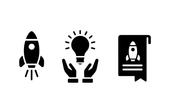 Startup success icon set. Rocket launch for business growth. Lightbulb in hands for innovation and ideas. Business plan document for strategy. Solid glyph vector icons.