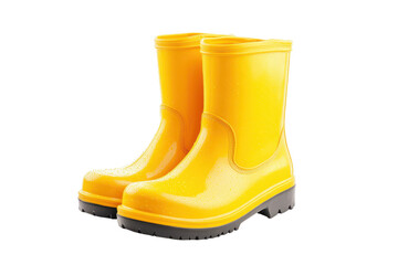 Bright yellow rubber boots isolated on a white background, ideal for rainy weather or outdoor activities, showcasing vibrant color and sturdy design for protection and comfort