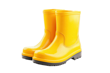 Bright yellow rubber boots isolated on a white background, ideal for rainy weather or outdoor activities, showcasing vibrant color and sturdy design for protection and comfort