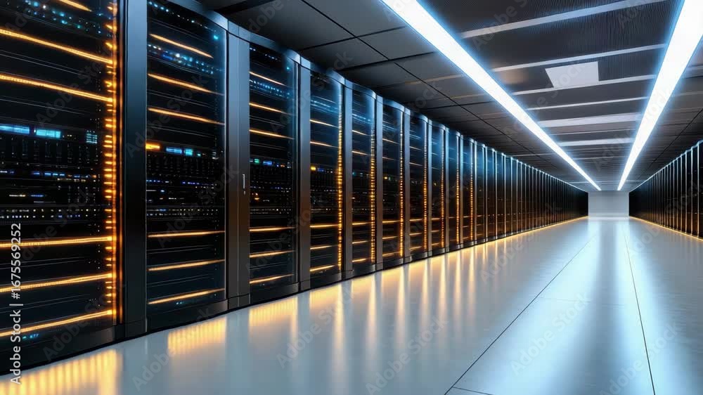 Poster illuminated server room showcasing advanced technology and modern data storage equipment in network