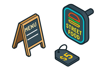 Street food icon set. Isometric vector graphics of fast food signage. Collection includes A-frame chalkboard menu, glowing neon sign with burger logo, and price tag label.