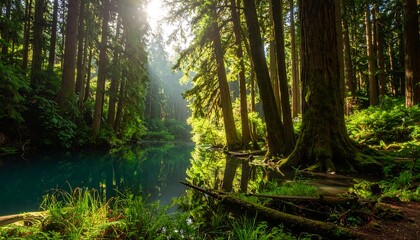 Fototapeta premium Lush forest reflecting in tranquil water