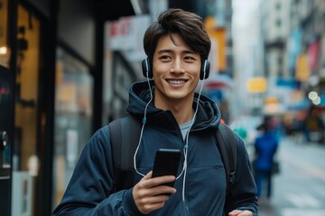 Smiling young Asian man standing on the city street, running with headphones, holding a phone, and looking away, capturing a moment of activity and enjoyment urban environment, Generative AI