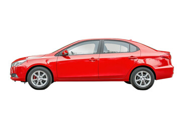 Fototapeta premium Passenger car in vibrant red color isolated against a white background showcasing its sleek design and modern features in high-resolution detail