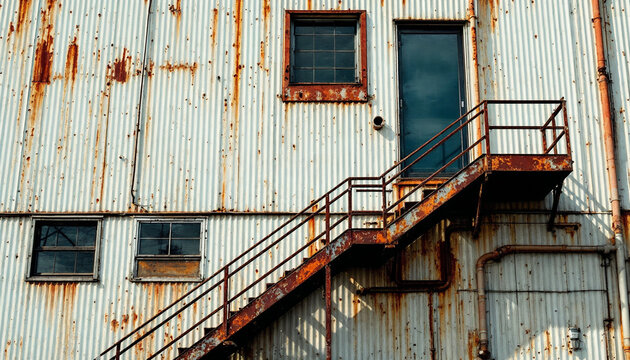 Medium shot of an old industrial building with a rusty staircase.