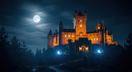 Obraz premium Majestic Castle Illuminated by Moonlight in a Dreamlike Night Landscape