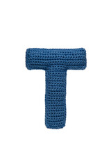Crocheted letter T on white background