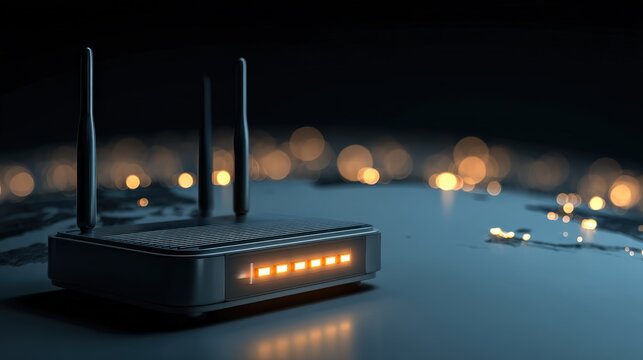 A sleek router is illuminated by orange lights against a dark background, highlighting its design and connectivity features.