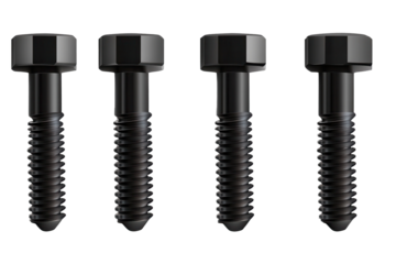 Black bolts isolated on transparent background showcasing different thread patterns and hexagonal head designs for industrial applications
