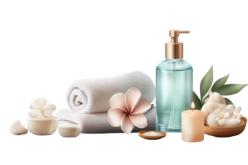 Relaxing day spa setup featuring calming essentials for self-care with towels, scented candle, essential oil, and decorative flowers on a minimalistic background