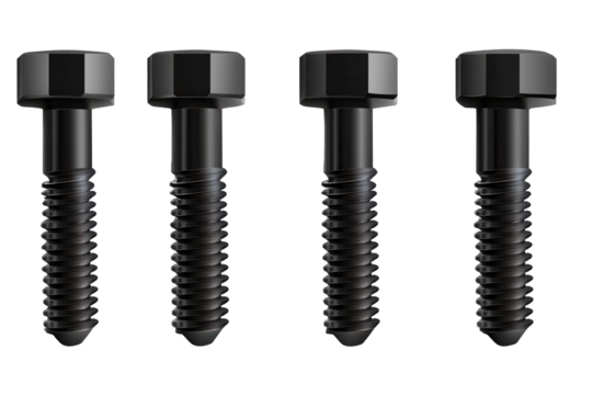 Black bolts isolated on transparent background showcasing different thread patterns and hexagonal head designs for industrial applications