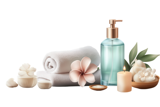 Relaxing day spa setup featuring calming essentials for self-care with towels, scented candle, essential oil, and decorative flowers on a minimalistic background