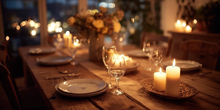 Intimate dining setup with wooden table and decorative candles