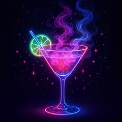 Neon cocktail with swirling smoke and sparkles
