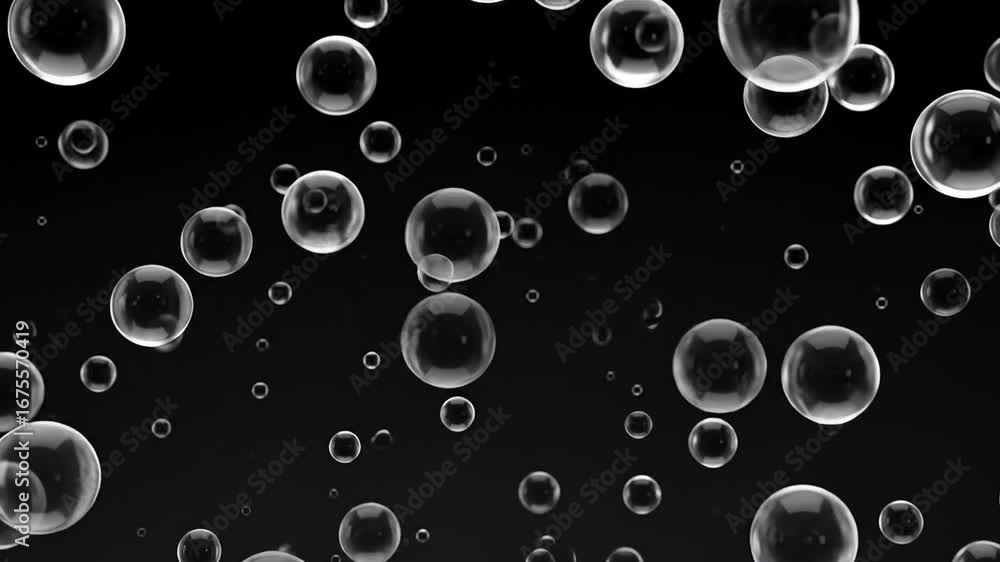 Poster floating transparent spherical bubbles on a dark background creating an abstract and clean minimalis