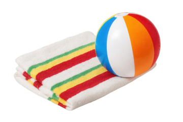 Colorful Beach Ball and Striped Towel on Transparent Background