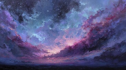 Fototapeta premium A vibrant, star-studded sky filled with dramatic, textured clouds in shades of purple, blue, and pink, showcasing a breathtaking celestial scene.
