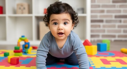 Beta Generation Crawling Baby, Playtime Fun, Colorful Playroom, Photo, Indoor, Low Angle, Joyful Exploration