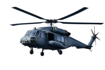Military helicopter hovers against a transparent background showcasing rotor blades and camouflaged exterior details