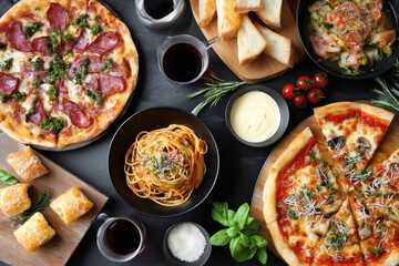 Delicious Italian cuisine spread featuring pizza, pasta, and fresh ingredients on a dark table