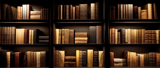 A cozy bookshelf filled with various antique books, showcasing rich textures and warm lighting, creating an inviting atmosphere for reading.