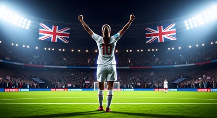Soccer player celebrating victory with arms raised in a stadium with british flags, representing national pride and sporting achievement