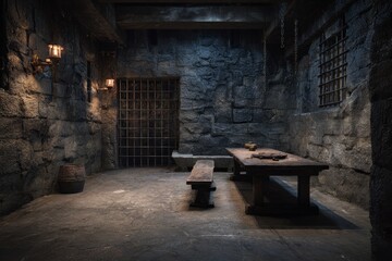 Exploring old medieval dungeon jail cells with stone walls and flickering torches in a dark underground setting