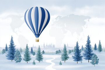 Hot air balloon soaring above a serene winter landscape with evergreen trees and soft clouds