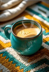 Cup of Hot Coffee on Colorful Fabric
