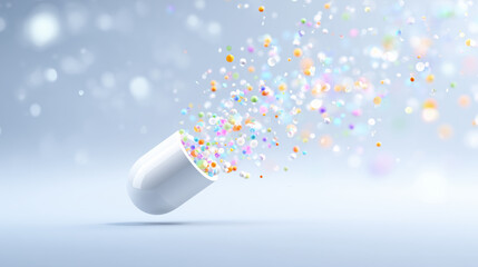 White capsule releasing colorful particles 