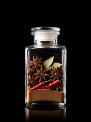 A realistic close-up of a clean, square glass bottle filled with distinct layers of whole spices.
