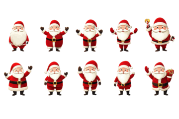 Collection of Santas in various poses exhibiting festive cheer isolated on a transparent background for creative holiday designs and seasonal decorations