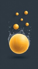 Fototapeta premium A yellow volleyball splashes into water, creating dynamic ripples and bubbles against a dark background, conveying energy and motion.