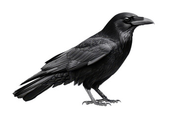 Fototapeta premium Black crow perched on a white background showcasing intricate feather details and sharp features in high definition