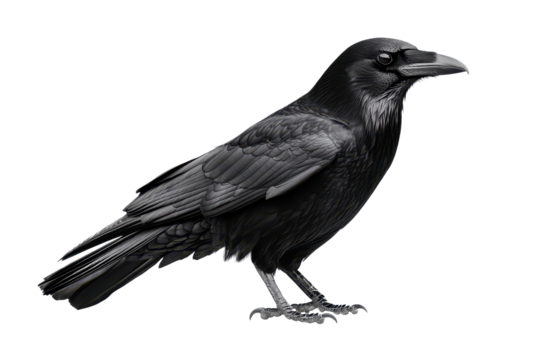 Black crow perched on a white background showcasing intricate feather details and sharp features in high definition