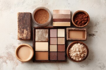 Fototapeta premium Varied shades of brown and beige makeup arranged elegantly on a textured surface perfect for professional makeup artists and beauty enthusiasts