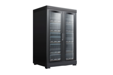 Detailed view of a realistic server rack showcasing multiple servers isolated in a gigapixel standard environment with clear glass doors and modern design