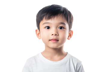 Thai boy with black hair and round eyes, looking directly at the camera against a clean white background, conveying innocence and curiosity in a simple yet engaging portrait