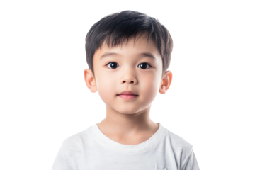 Thai boy with black hair and round eyes, looking directly at the camera against a clean white background, conveying innocence and curiosity in a simple yet engaging portrait