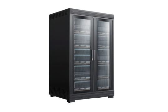 Detailed view of a realistic server rack showcasing multiple servers isolated in a gigapixel standard environment with clear glass doors and modern design